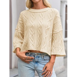 Saodimallsu Womens Cable Knit Cropped Sweaters Oversized 3/4 Sleeve Crew Neck Fall Casual Pullover Tops Beige