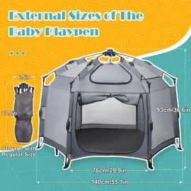 Babepai Pop Up Playpen for Babies - 55.1"Wide 36.6"Height Portable Baby Beach Tent - Indoor & Outdoor Play Yard, Foldable, Lightweight & with Travel Bag - Grey