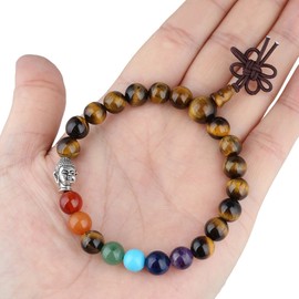 KYEYGWO Mala Prayer Beads Bracelet for Woman, 7 Chakras Crystal Stone Round Beads Stretch Bracelets, Tiger's Eye Stone