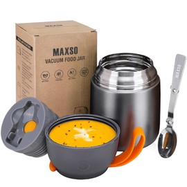 Insulated Thermo Food Jar for Hot & Cold Food for Kids Adult, 17 oz Soup Thermal Hot Food Containers for Lunch, Triple Layer Insulation Stainless Steel Food Jar with Spoon (Grey)