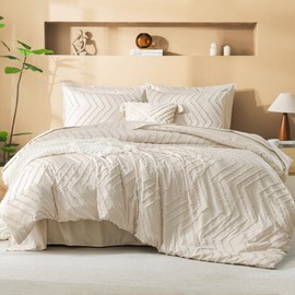 Litanika Super King Plus Size Comforter Set with Sheets Beige - 7 Pieces Bed in a Bag Oversized King Boho Tufted Complete Bedding Sets with Comforter, Sheets, Pillowcases & Shams