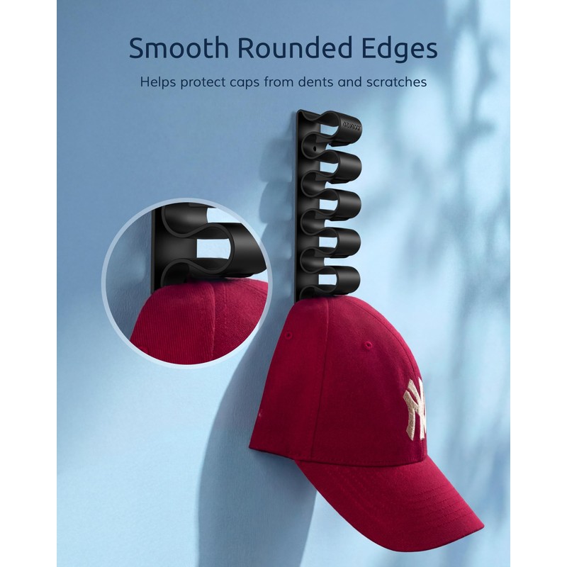 Baseball Hat Rack for Wall, 6 Pack, Holds 35 Caps