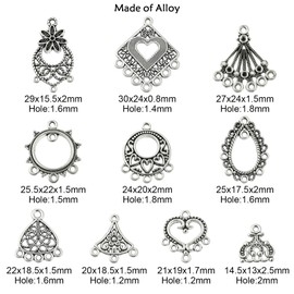 Ornazy 60pcs 10 Styles Assorted Chandelier Connector Charms - Antique Silver Heart Rhombus Fan & Vintage Dangle Earrings Charms for Jewellery Making