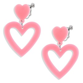 Hot Pink Heart Love Earrings for Women Clip on Dangle Drop Earrings Non Pierced 70s 80s 90s Retro Neon Jewelry