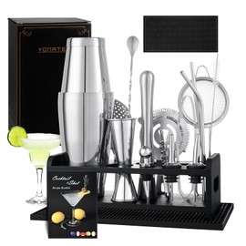 Boston Cocktail Shaker Set, 18PCS Bartender Kit Bar Tools Set with Stand & Recipe, Bar Mats for Bartending, Professional Barware Mixing Tools Cocktail Kit, for Drink Mixing Bar Party, Sliver