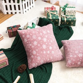 Soft Faux Fur Fuzzy Cute Decorative Throw Pillows Covers with Snowflake Glitter Printed Pillowcases for Christmas Decor Home Bed Room Sofa Chair Couch, Pink 20x20 inch, Pack of 2