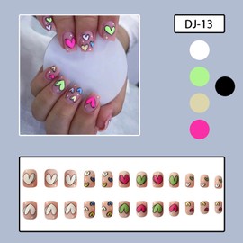 Valentine's Day Short Press on Nails Square Colored Heart Shape Glue on Nails Matte Pink Acrylic Nails Full Cover False Nails with Star Designs Stick on Nails Cute Fake Nails for Women and Girls 24PCS