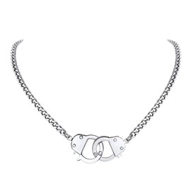 FindChic Handcuff Necklace Partners in Crime Stainless Steel Curb Chain Interlocking 18inch Statement Necklace for Women Men Goth Punk Jewelry