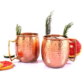 Qukiy Hammered Moscow Mule Mug with Brass Handle, Copper Barrel Mug | Beautiful Gift Box for Christmas, Birthdays, Special Occasion | Capacity (450ml / 16 Oz) (Copper Mugs Set of 2)