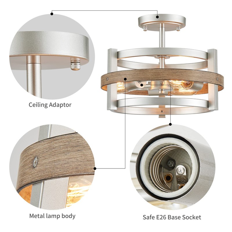 WUZUPS 3-Light Metal Drum Chandelier Imitation Wood Grain Shade Round