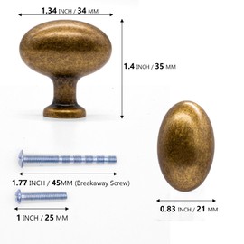 Gutapo 4 Pack Oval Solid Antique Brass Cabinet Knobs, 1-3/8 inch(35mm) Zinc Alloy Vintage Egg Knob Pulls for Cabinets Dresser Drawers