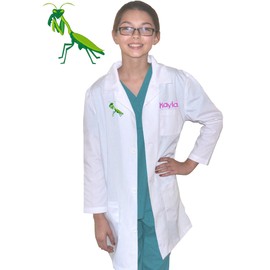 Custom Kids Entomologist Lab Coat with Embroidered Name and Praying Mantis Insect Embroidery Design Size 12/14 White