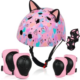 Kids Helmet, Bike Helmets for Kids 8-14 with Knee Pads and Elbow Pads Wrist Guards, Adjustable Youth Girls Bike Helmet with DIY Cat Ears Skateboard Helmet for Scooter Skating Cycling