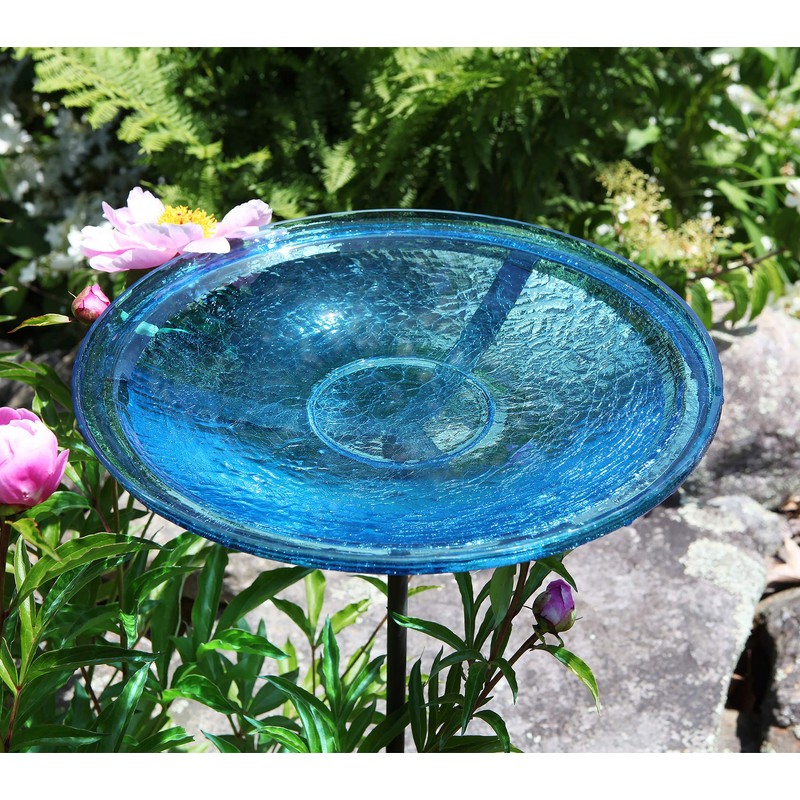 Achla Designs Crackle Glass Birdbath Bowl with Stake, 14-in, Teal