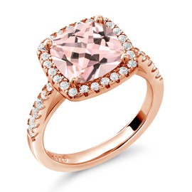 Gem Stone King 2.50 Cttw 8MM Cushion Peach Nano Morganite and White Created Sapphire 18K Rose Gold Plated Silver Ring for Women | Gemstone Birthstone | Size 5,6,7,8,9
