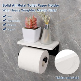 NearMoon Toilet Paper Holder with Shelf, Heavy Duty Bath Toilet Roll Holder with Phone Shelf Tissue Hanger for Bathroom/Kitchen Wall Mounted(Metal & Marble, Matte Black)