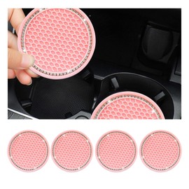 4 PCS Bling Car Cup Coaster, 2.75 Inch Crystal Rhinestone Auto Cup Holder Insert Coaster, Anti-Slip Durable Car Drink Cup Mat, Universal Vehicle Interior Decor Accessories (Pink & White)