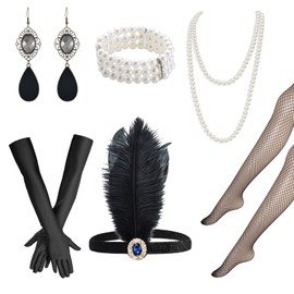 7 Pieces 1920 Accessories Set,Great Gatsby Accessories for Women,20s Party Costume Headband,Black Long Gloves, Headpiece, Necklace,Fishnet Stockings Set Suitable for Parties