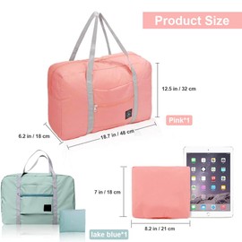 Foldable Travel Duffel Bag, 2 PCS Portable Luggage Foldable Storage Bag, Waterproof Lightweight Carry-on Bags for Sports Gym Vacation (Light Blue Light Pink)
