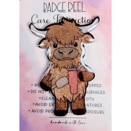 Cute Highland Cow Badge Reel, Glittery Badge Reel, Interchangeable Badge Reel, Cute Retractable Badge Reel (Topper with Alilgator Badge Reel)
