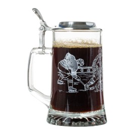 Artisan Owl Glass Ice Hockey Etched Design Beer Stein with Metal Lid and Thumb Lift