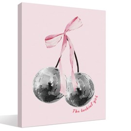 BIWSHA Trendy Preppy Pink Bow Wall Art, Vintage Retro Funky Cherry Disco Ball Canvas Wall Art Prints Decor for Bedroom Dorm Living Room, Preppy College Apartment Print for Girls, 11x14 Inch