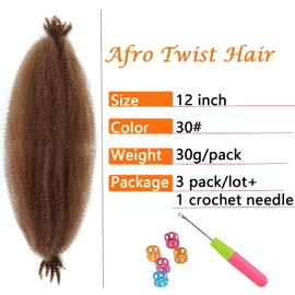 Springy Afro Twist Hair 12 Inch 3 Packs Dark Brown Color Pre Fluffed Marley Twist Braiding Hair for Black Women (12 inch, 30)