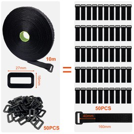 Newaner 10 m Velcro Cable Ties with 50 Buckle, Velcro Closure Resealable 2 cm Wide, Free Cut Length Cable Velcro, for Cable Organising, Hoses, Cords, Black