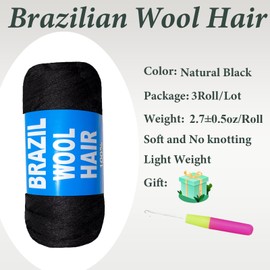 3 Roll Natural Black Brazilian Wool Hair Yarn for Jumbo Braids Braiding Hair for Soft Faux Locs Goddess Locs Hair Extension Senegalese Twist Crochet Hair for Black Women (1B,3Roll)