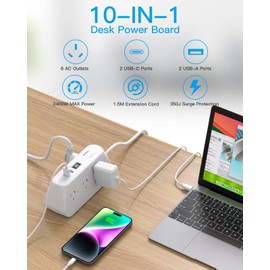 Addtam Power Board, Powerboard with 4 USB Ports (2 USB C), Desk Power Strip 350J Surge Protection, 1.5M Extension Board for Home Office Dorm, SAA Certified