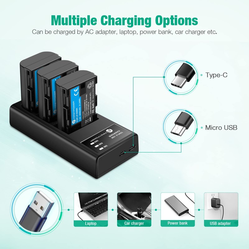 FirstPower LP-E6NH Battery 3-Pack and Triple Slot Charger Compatible with