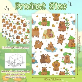 Capybara Geburtstags-Geschenkpapier für Kinder, Mädchen, Jungen, schönes Capybaras Geschenkpapier für Geburtstag oder Babyparty, 4 Bögen, flach gefaltet, 50 x 70 cm pro Bogen