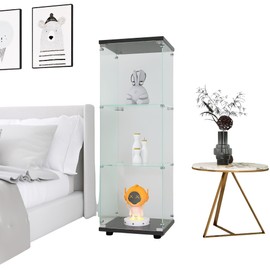 3-Shelf Glass Display Cabinet with Door, Curio Cabinet Collection Display Case 5mm Tempered Glass Floor Standing Bookshelf for Living Room, Bedroom, Office, 16.7" W x 14.3" D x 49.3" H