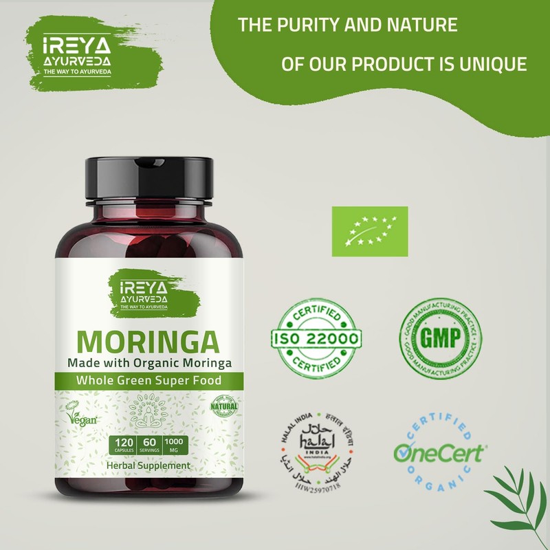 Ireya Ayurveda Moringa Capsule 1000 mg (120 Capsules), Moringa Powder