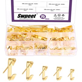 Swpeet 75Pcs 5 Sizes 10lb/20lb/30lb/50lb/100lb Golden Picture Hangers with Nails Assortment Kit, Metal Picture Hanging Hooks, Heavy Duty Frame Picture Hooks, Picture Hanging Hardware for Drywall