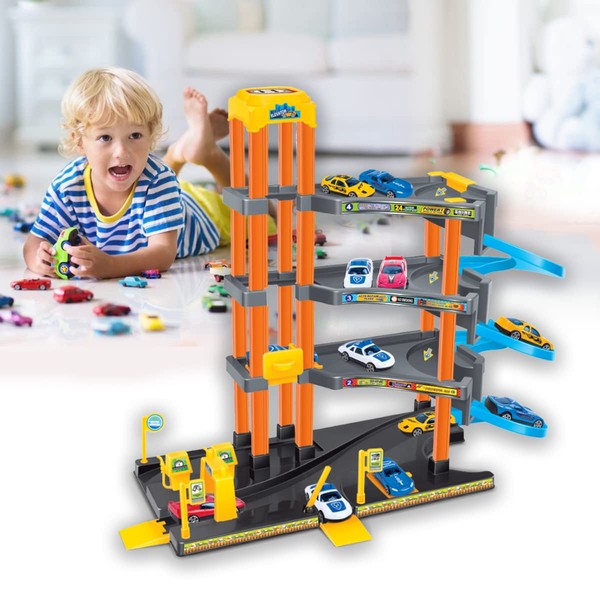 koolbitz Kids 4-Storey Car Parking Lot and Garage Playset Toy with Lift, Spiral Ramps, Fuel Station, Service Area and 4 Cars, 4 Floors of Parking Garage Pretend Play for Boys and Girls ages 3+