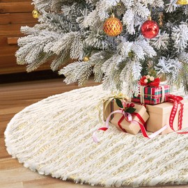 Alynsehom Christmas Tree Skirt, Large White&Gold Bronzing Luxury Faux Fur Tree Skirt Soft Thick Plush Xmas Tree Skirt for Family Holiday Christmas Party Tree Decorations(Gold,36inch/90cm)