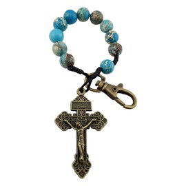 Catholic Prayer Pocket Rosary Bronze Pardon Crucifix Blue Stone Beads Corded Keychain Rosary Tenner Open Style One Decade Rosary with Gift Bag