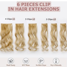 Cybelleza 48 cm Clip-In Extensions, Hairpiece Like Real Hair, 6 Pieces, Hair Extensions, Clip-In Hairpiece, Wavy Hair Thickening, Synthetic Hair, Natural Blonde & Bleach Blonde