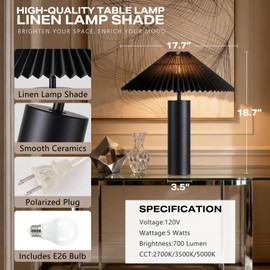 YJSQOEOE Modern Table Lamp with Pleated Lampshade and Cylindrical Base, E26 Bulb Compatible, Contemporary Accent Light for Living Room, Bedroom, Office (Black)