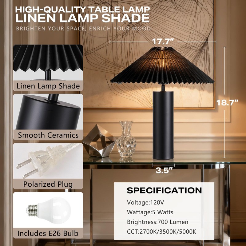 YJSQOEOE Modern Table Lamp with Pleated Lampshade and Cylindrical Base,