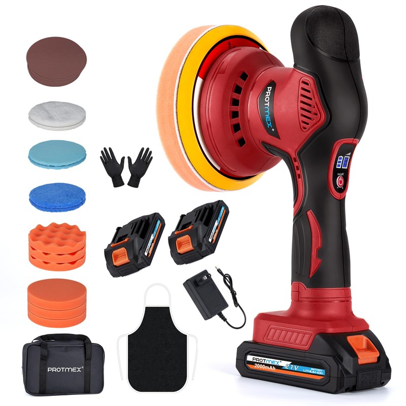 Cordless Car Buffer Polisher w/ 2x2000mAh 21V Batteries, 6 Inch