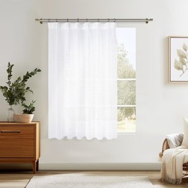 MRTREES Curtains with Ruffle Tape, Short, Curtains, White, Transparent, 150 x 200 cm (H x W), Tab-Top Curtains, Set of 1, Linen Look Curtains for Living Room, Bedroom