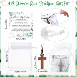 Ecation 48 Set Wooden Cross Necklace Bulk Christian Gift Wood Cross Pendant Necklace with Lord's Prayer Cards Organza Bags for Family Friend Christian Church Jesus Religious Gift Sunday School Party