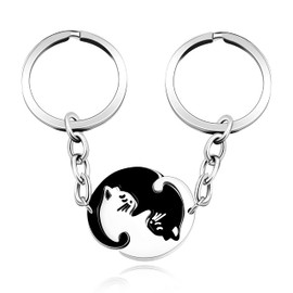 Uloveido Cute Black and White Cat Keychains Set for Couples, Puzzle Matching Animal Keyring for Boyfriend Girlfriend (Round-black)