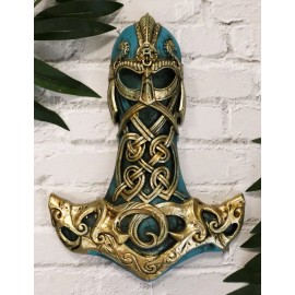 Ebros Turquoise Gold Colored Thor Hammer Viking God Thor's Mjolnir Wall Decor