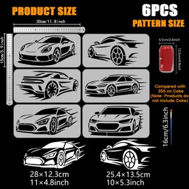 FINGERINSPIRE 6Styles Fast Sports Car Stencils with a Brush 30 x 15 cm Racing Car Pattern Painting Stencils Drawing Stencils for Racing Cars PET Transport Themes Template for Wall Decoration