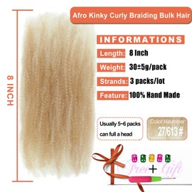 Afro Kinky Curly Braiding Bulk 8 Inch 3 Packs Marley Twist Hair Bulk for Dreadlock Extensions Spring Afro Twist Hair Bulk for Mini Twist Repair Locs (27/613#, 8 Inch)