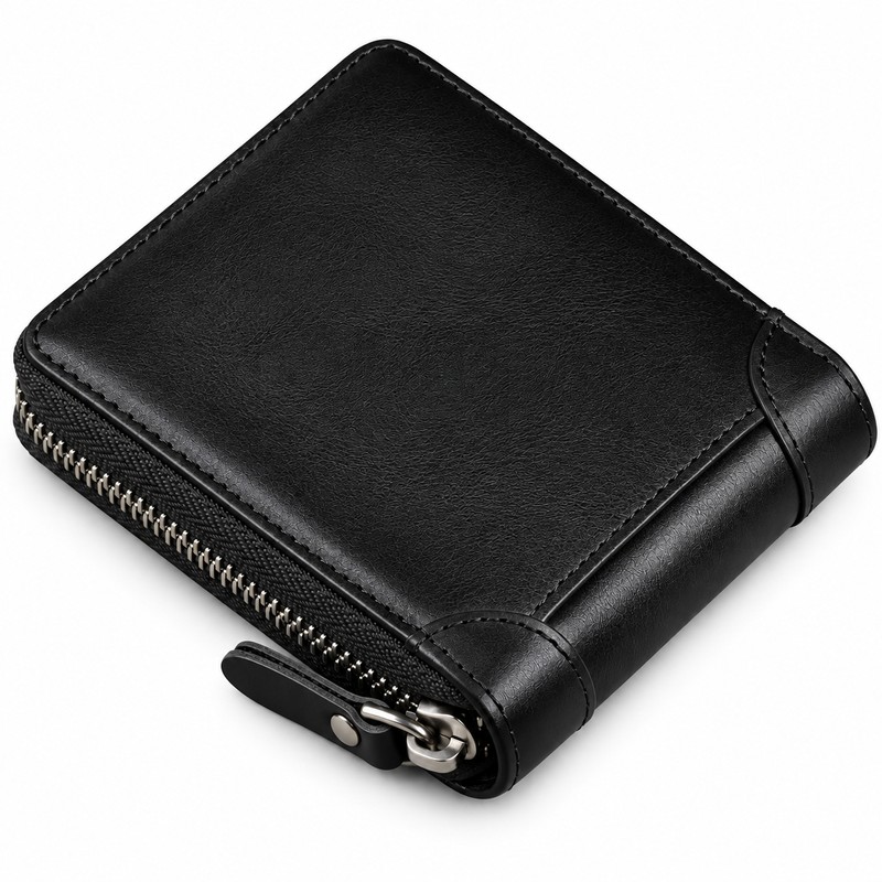 Men's Genuine Leather Zipper Wallet – Compact Short Wallet with