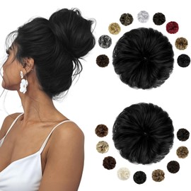 FELENDY 2PCS Messy Bun Hair Piece Large Wavy Curly Elastic Hair Bun Scrunchies Fluffy Thick Donut Chignon Hairpieces Updo Extensions Dark Black